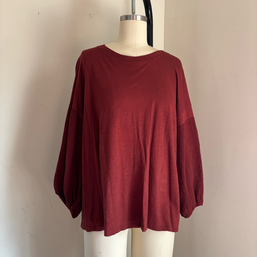 Velvet by Graham & Spencer | Puff Sleeve Top Maroon Burgundy Tee Large